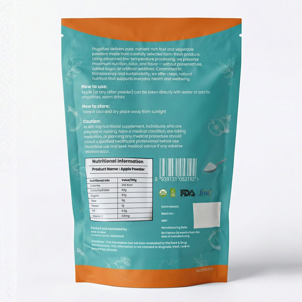 FrugoFuel Organic Apple Powder 200g – 100% Pure Natural Dehydrated Apple Powder, Rich in Antioxidants, No Additives, Ideal for Smoothies, Baking & Wellness