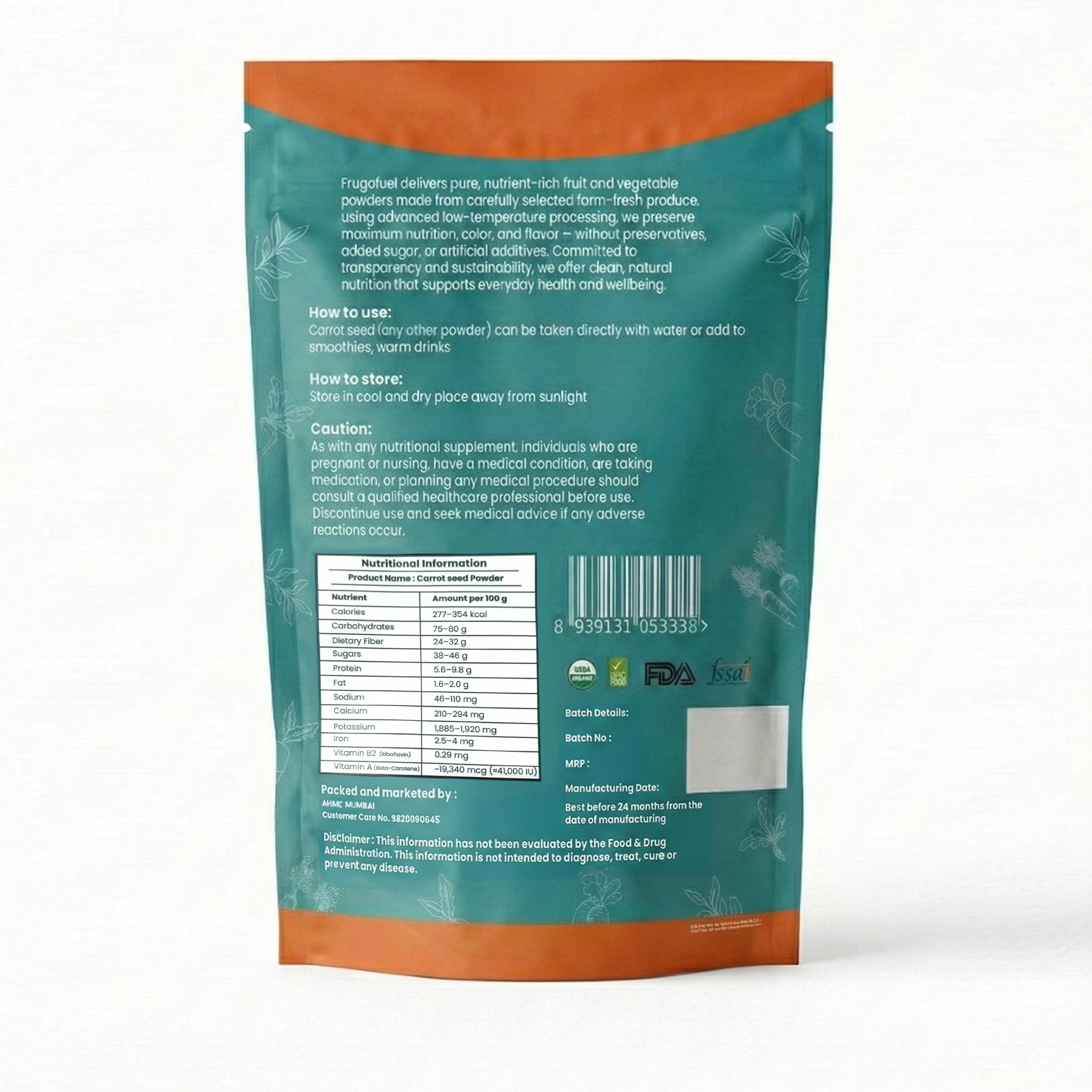 FrugoFuel Carrot Seed Powder 200g – 100% Pure Natural, Rich in Beta Carotene & Vitamin A for Daily Wellness